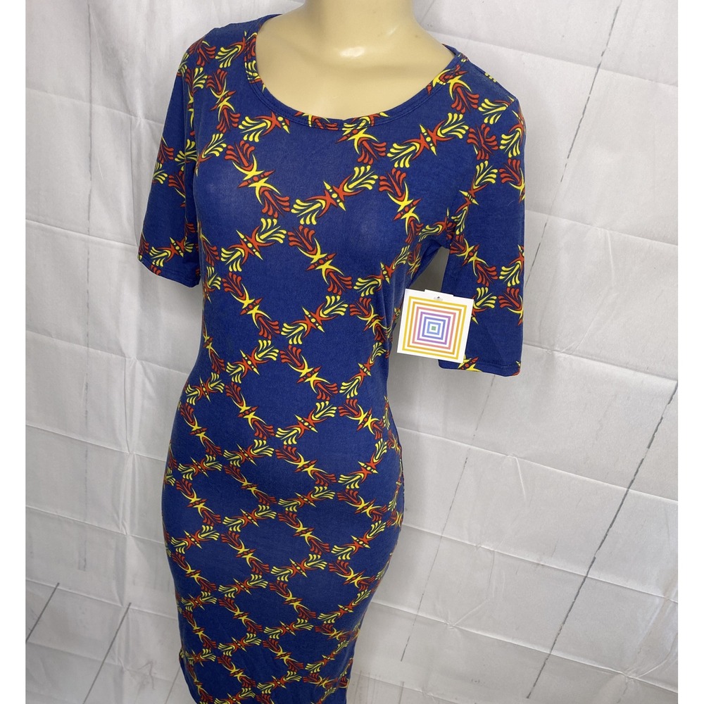Lularoe Julia‎ Dress Blue Color Print Short Sleeve Boat Neck Midi Women XS NWT